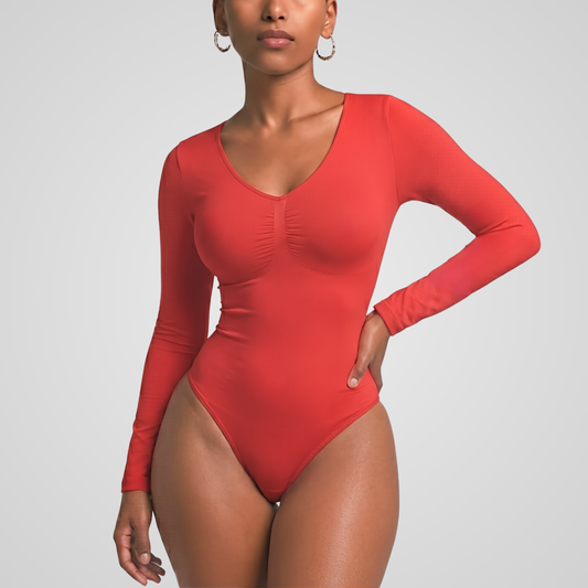 Seamless long-sleeve thong bodysuit with tummy control