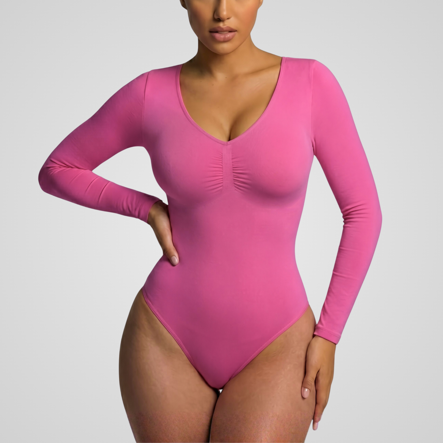 Seamless long-sleeve thong bodysuit with tummy control