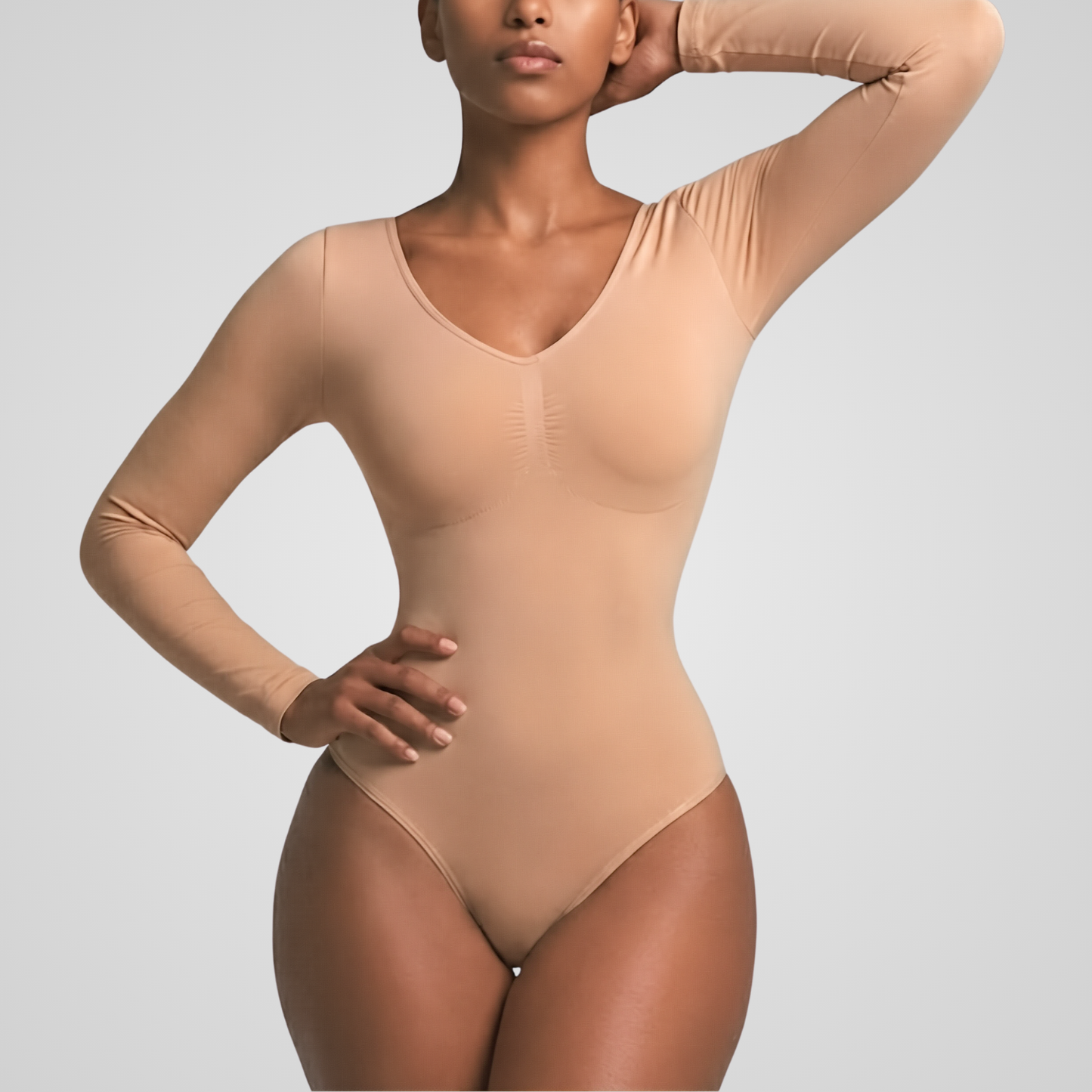 Seamless long-sleeve thong bodysuit with tummy control